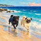 Surf Pals full artwork. Two cheerful pugs, one black and one fawn, race along the edge of a sunlit beach.