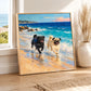 Surf Pals artwork displayed resting beside a bright window and a tall vase of dried grasses.