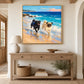 Surf Pals artwork displayed above a wooden console with baskets and ceramics.