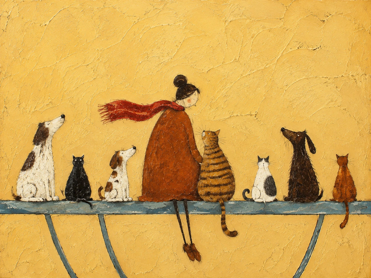 Golden Companions full artwork. A woman in a rust-colored coat and flowing scarf sits among a row of cats and dogs against a golden yellow ground.