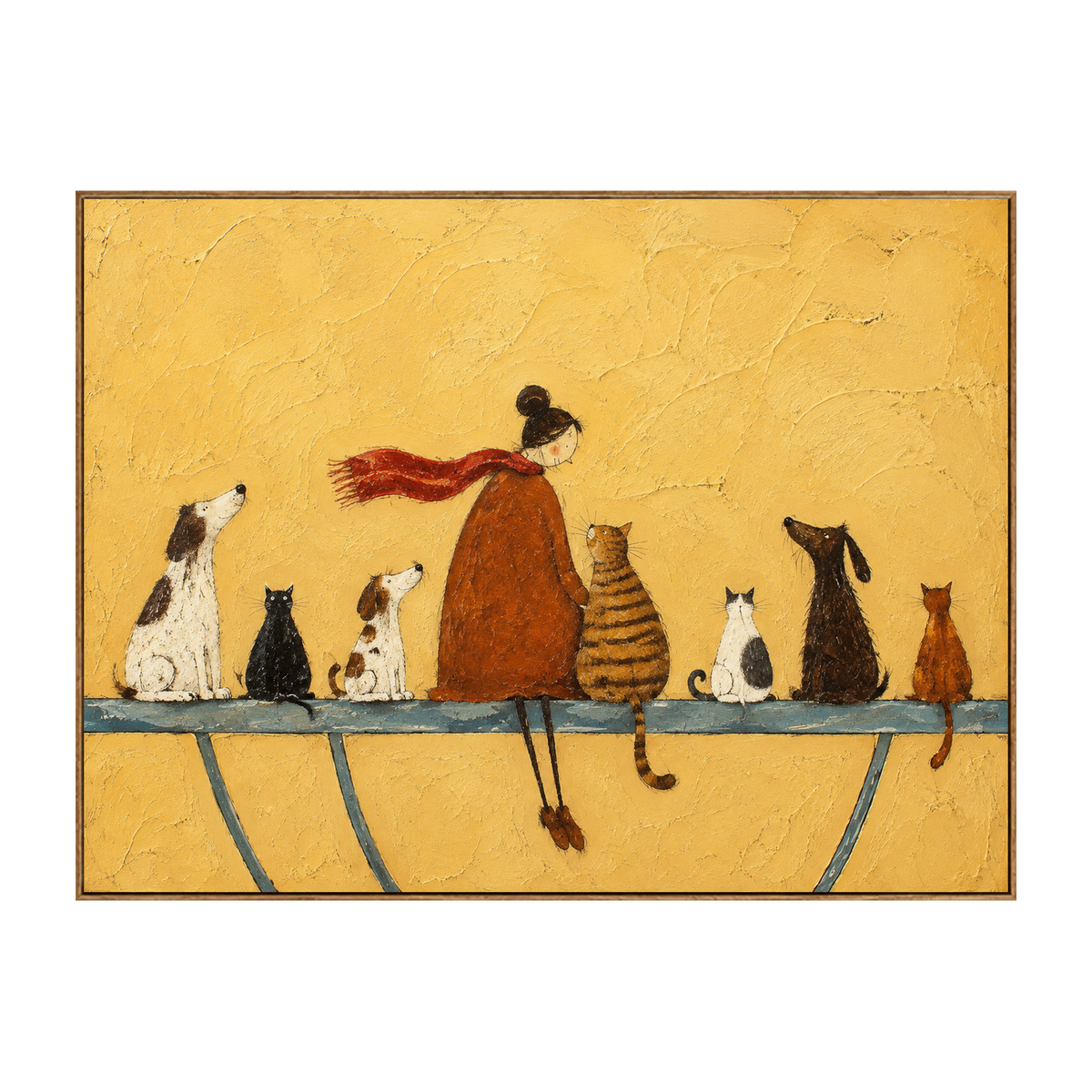 Golden Companions horizontal artwork in a natural wood frame on a transparent background.
