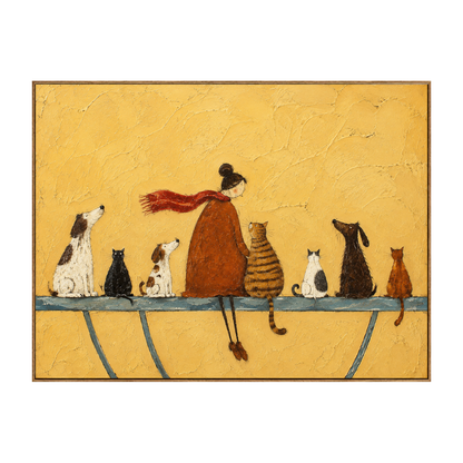 Golden Companions horizontal artwork in a natural wood frame on a transparent background.