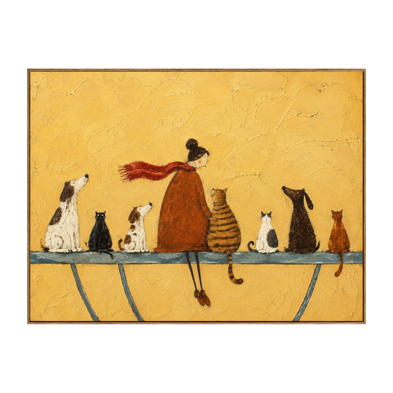 Golden Companions horizontal artwork in a natural wood frame on a transparent background.