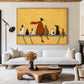 Golden Companions artwork displayed above a white sofa and an organic wooden coffee table.