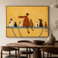 Golden Companions artwork displayed above a wooden dining table beside pale ceramics.