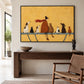 Golden Companions artwork displayed above a wooden console in a sunlit entryway.