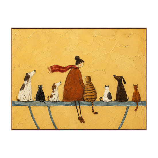 Golden Companions horizontal artwork in a natural wood frame on a transparent background.