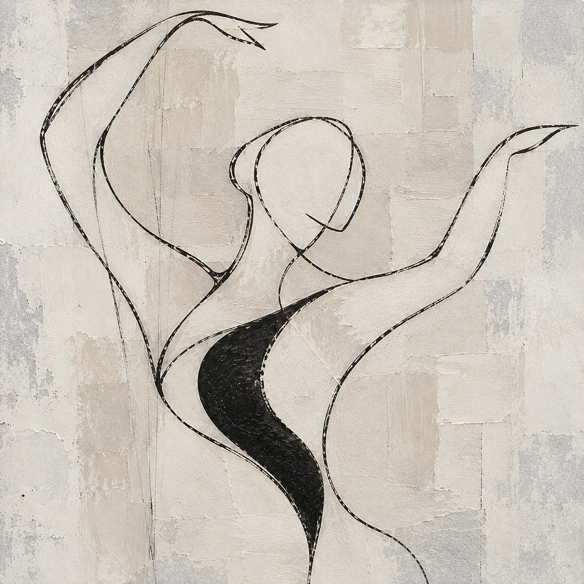 Poised Lines full artwork. Fine black lines trace a dancer with raised arms across a layered ivory and warm gray ground.