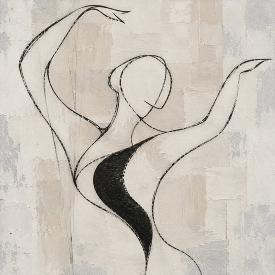 Poised Lines full artwork. Fine black lines trace a dancer with raised arms across a layered ivory and warm gray ground.