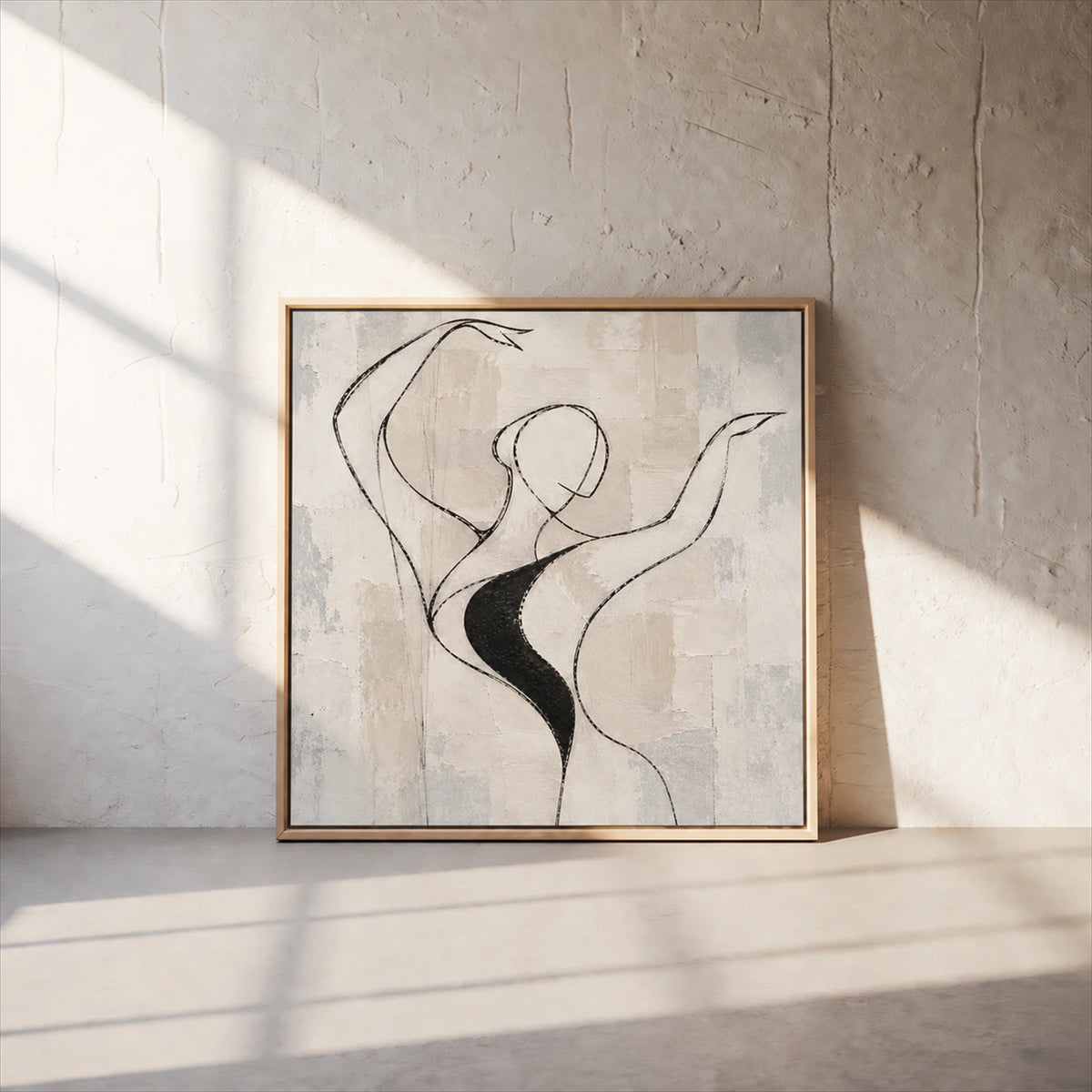 Poised Lines artwork displayed resting on a sunlit ledge against a textured wall.