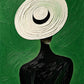 Ivory Brim full artwork with an oversized ivory hat and slender black silhouette against a textured green ground.