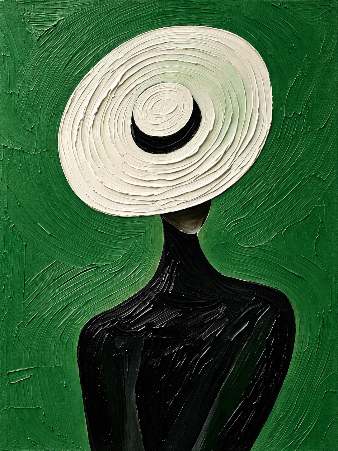 Ivory Brim full artwork with an oversized ivory hat and slender black silhouette against a textured green ground.