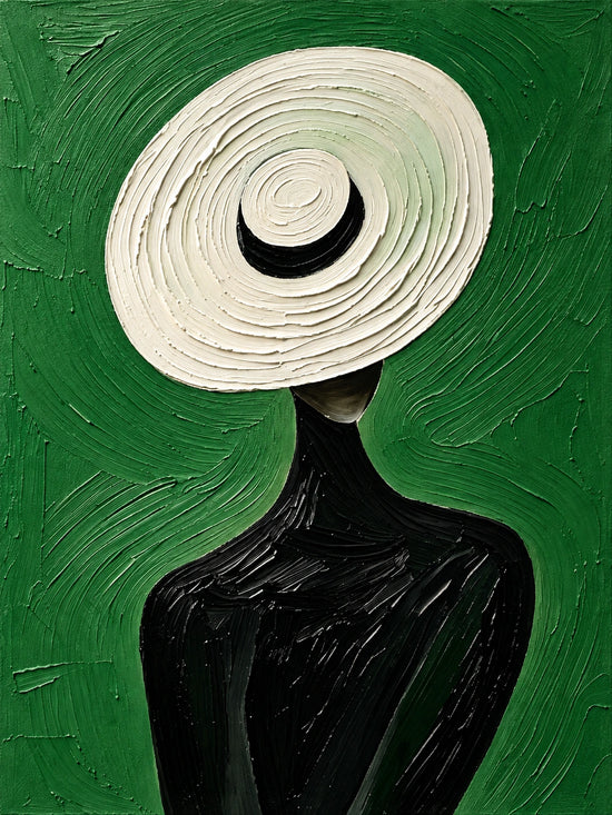 Ivory Brim full artwork with an oversized ivory hat and slender black silhouette against a textured green ground.