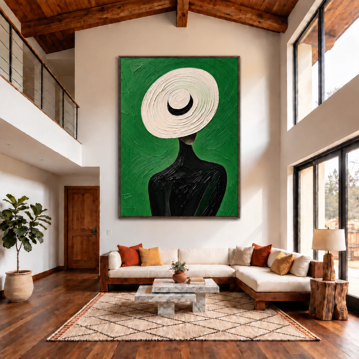 Ivory Brim artwork displayed above a pale sofa in a tall room with exposed wooden beams.