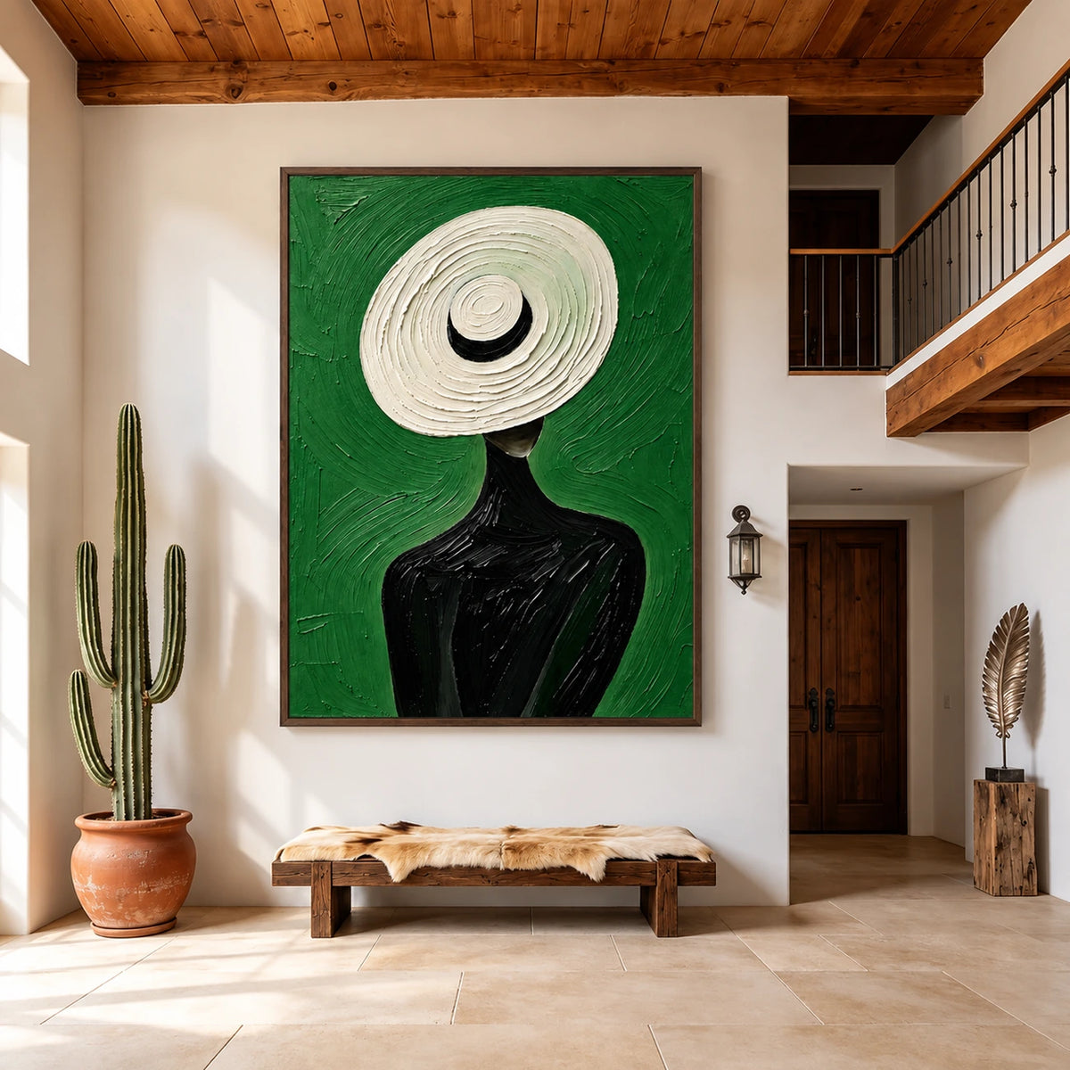 Ivory Brim artwork displayed above a wooden bench beside a cactus and a staircase.