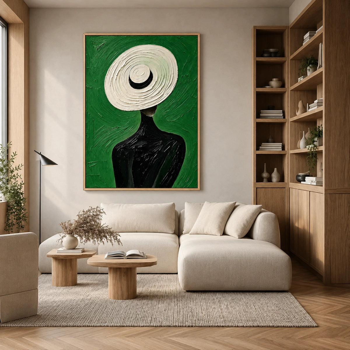 Ivory Brim artwork displayed above a cream sofa beside tall wooden shelving.