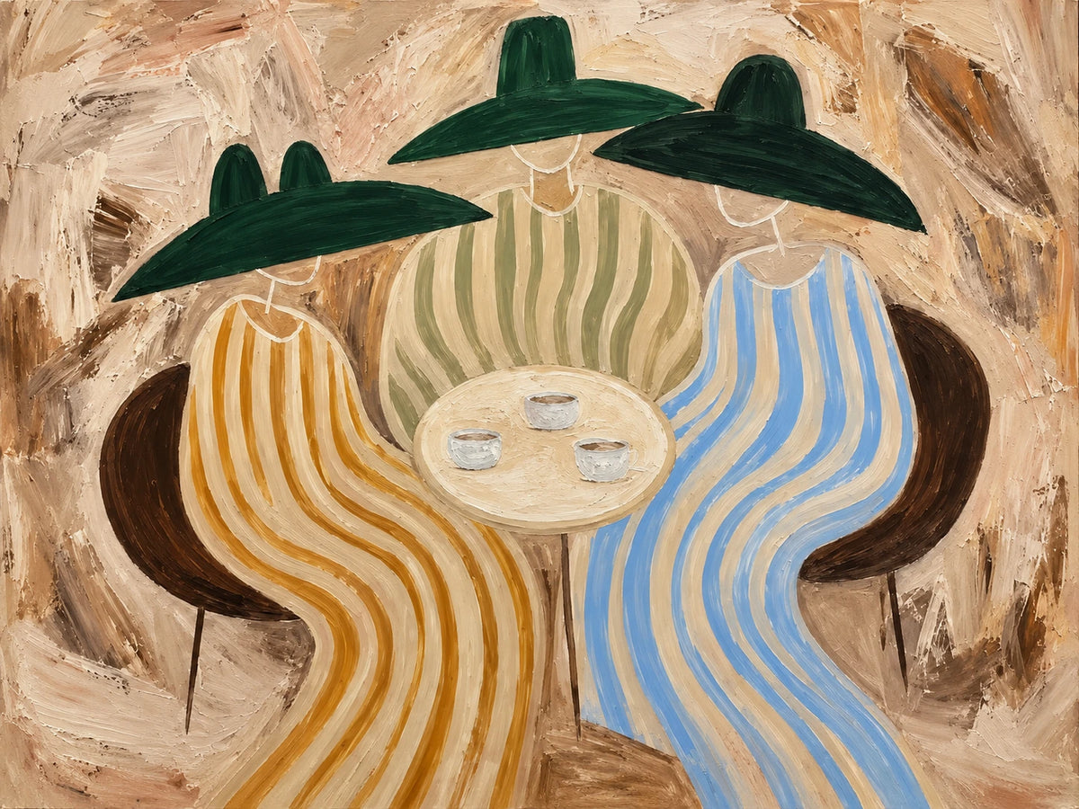 Striped Gathering full artwork with three figures in green hats and flowing ochre, sage and blue stripes gathered around a small table.