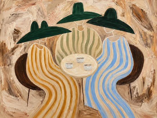 Striped Gathering full artwork with three figures in green hats and flowing ochre, sage and blue stripes gathered around a small table.