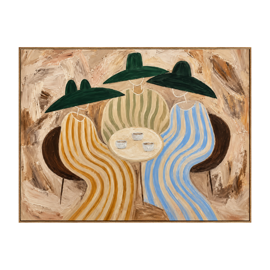 Striped Gathering horizontal artwork in a natural wood frame on a transparent background.