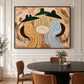 Striped Gathering artwork displayed above a dark dining table with upholstered chairs.