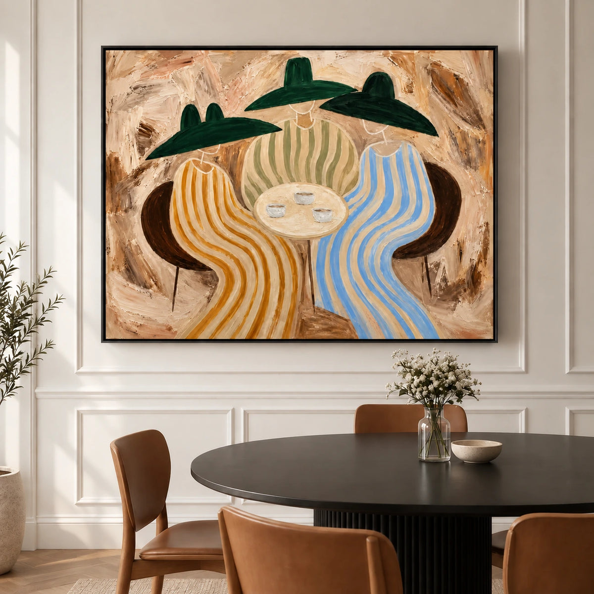 Striped Gathering artwork displayed above a dark dining table with upholstered chairs.