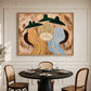 Striped Gathering artwork displayed above a set dining table with woven chairs.