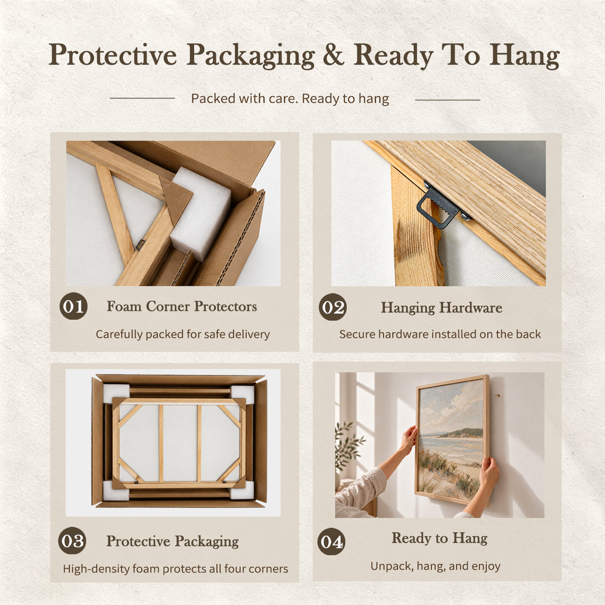 Striped Gathering Wall Art — Canvoil packaging and hanging guide showing foam corner protection and hanging hardware