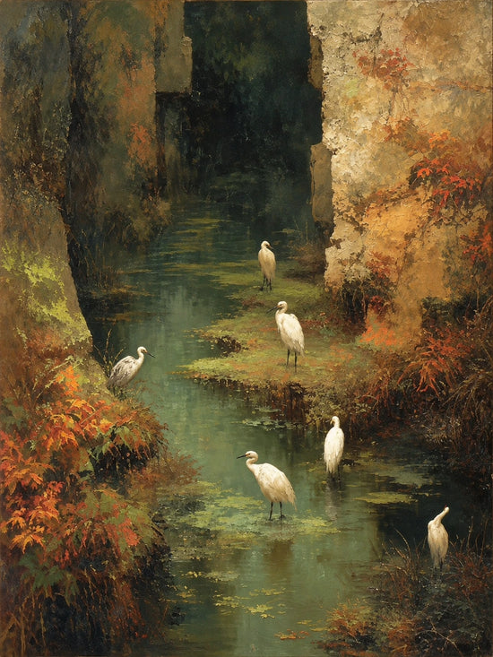 Stillwater Haven full artwork with white wading birds beside a green stream surrounded by golden and rust-colored woodland foliage.