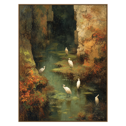 Stillwater Haven vertical artwork in a natural wood frame on a transparent background.