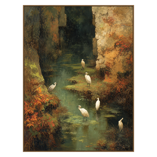 Stillwater Haven vertical artwork in a natural wood frame on a transparent background.