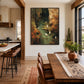 Stillwater Haven artwork displayed beside a wooden dining table in a warm kitchen.