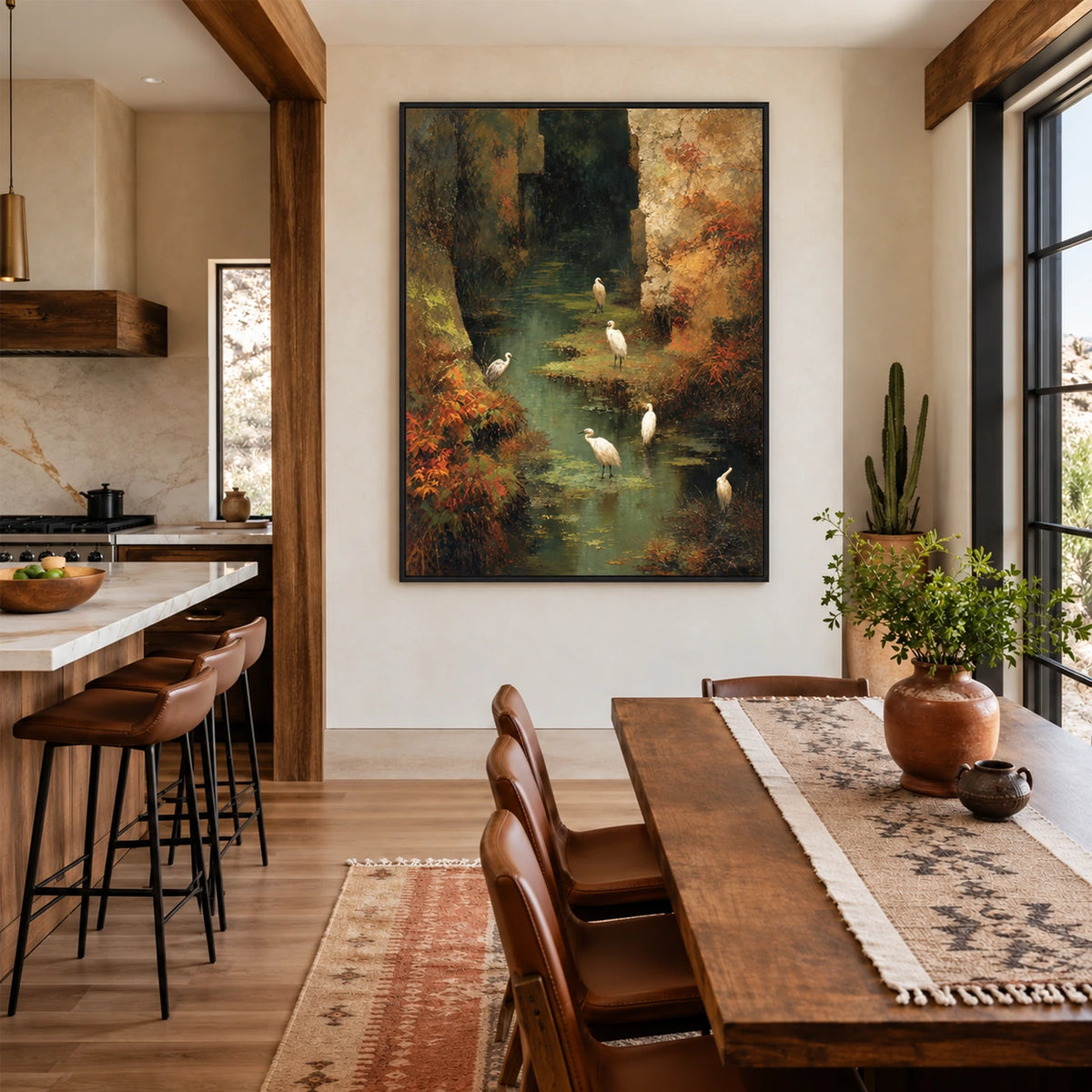 Stillwater Haven artwork displayed beside a wooden dining table in a warm kitchen.