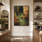 Stillwater Haven artwork displayed on a sunlit wall beside a wooden console and hat shelves.