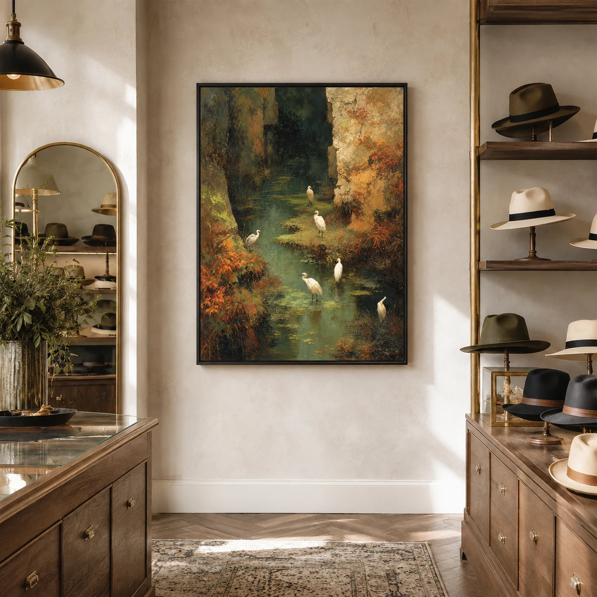 Stillwater Haven artwork displayed on a sunlit wall beside a wooden console and hat shelves.