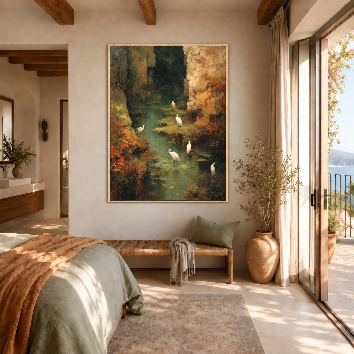 Stillwater Haven artwork displayed above a wooden bench beside a bed and tall windows.