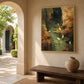Stillwater Haven artwork displayed above a wooden bench beside an arched courtyard entrance.