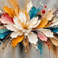 Prismatic Bloom full artwork. Sculpted petals in ivory, gold, crimson and teal burst across a wide gray ground.