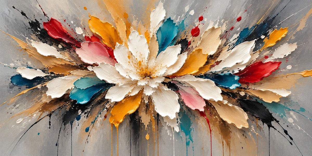 Prismatic Bloom full artwork. Sculpted petals in ivory, gold, crimson and teal burst across a wide gray ground.