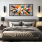 Prismatic Bloom artwork displayed above a gray bed between dark wall lights.