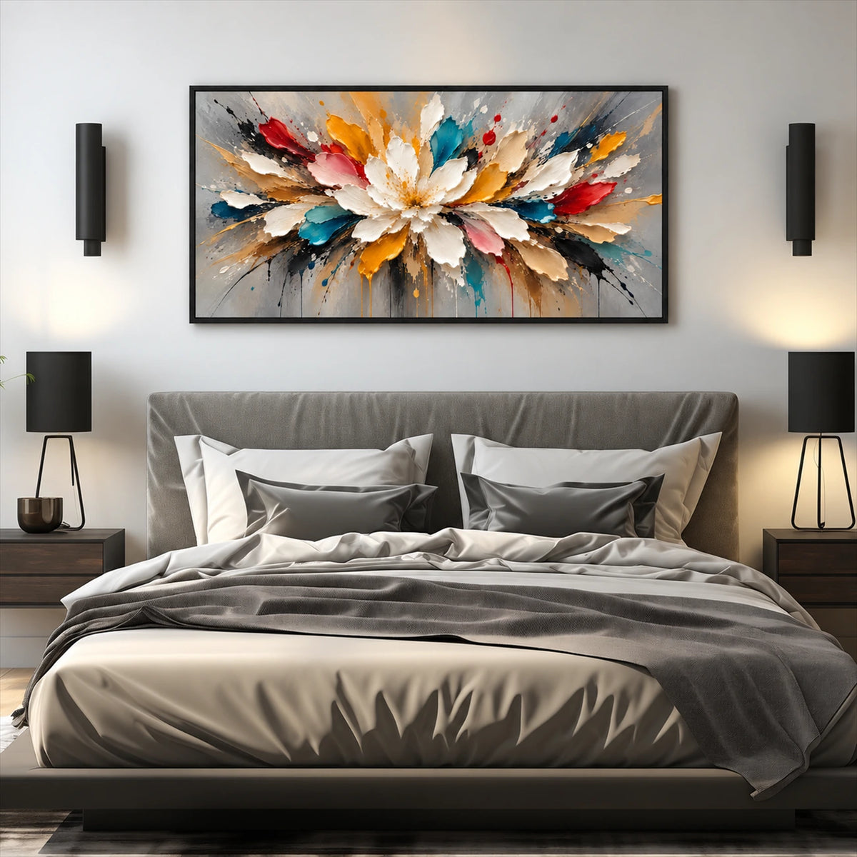 Prismatic Bloom artwork displayed above a gray bed between dark wall lights.