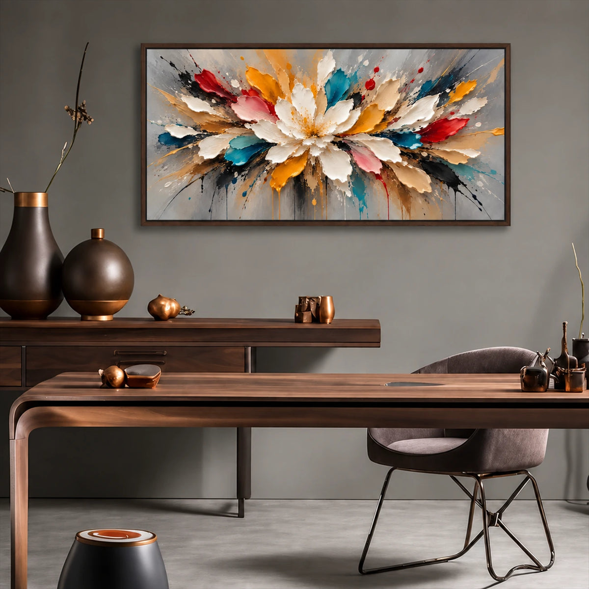 Prismatic Bloom artwork displayed above a wooden desk and dark chair.