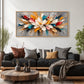 Prismatic Bloom artwork displayed above a dark sofa beside tall windows.