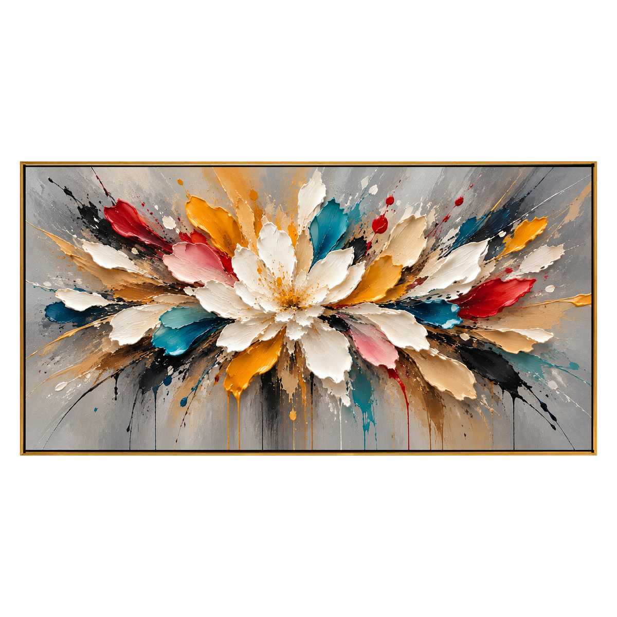 Prismatic Bloom panoramic artwork in a natural wood frame on a transparent background.