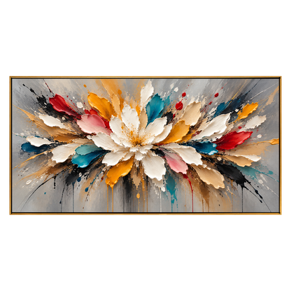 Prismatic Bloom panoramic artwork in a natural wood frame on a transparent background.