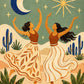 Celestial Dance full artwork. Two dancers lift their arms beneath a crescent moon and radiant stars.