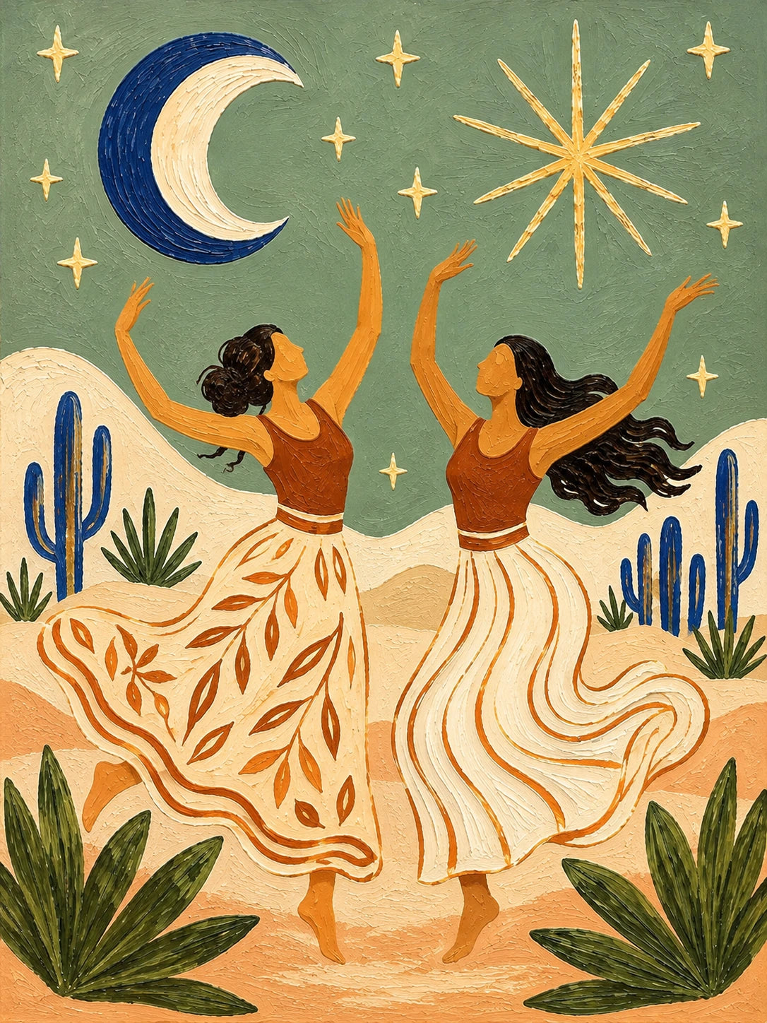 Celestial Dance full artwork. Two dancers lift their arms beneath a crescent moon and radiant stars.