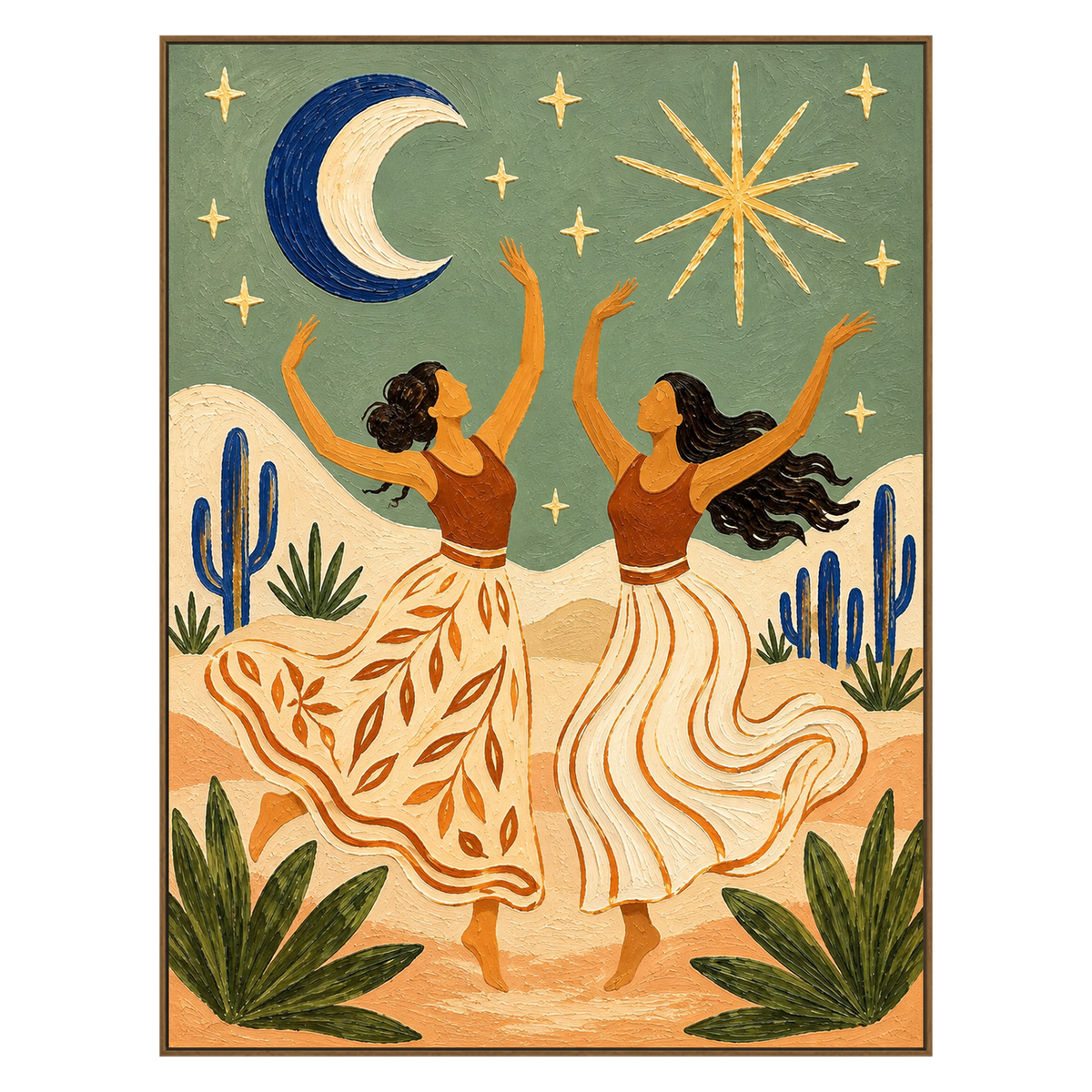 Celestial Dance vertical artwork in a natural wood frame on a transparent background.