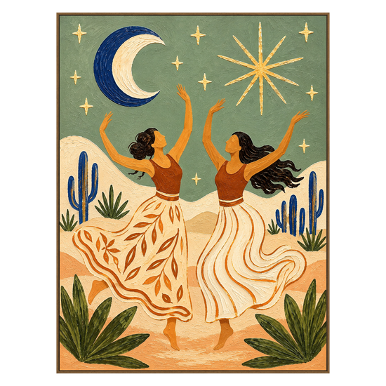 Celestial Dance vertical artwork in a natural wood frame on a transparent background.