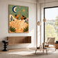 Celestial Dance artwork displayed above a wooden bench in a sunlit sitting room.