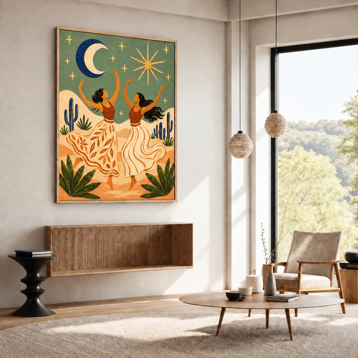 Celestial Dance artwork displayed above a wooden bench in a sunlit sitting room.